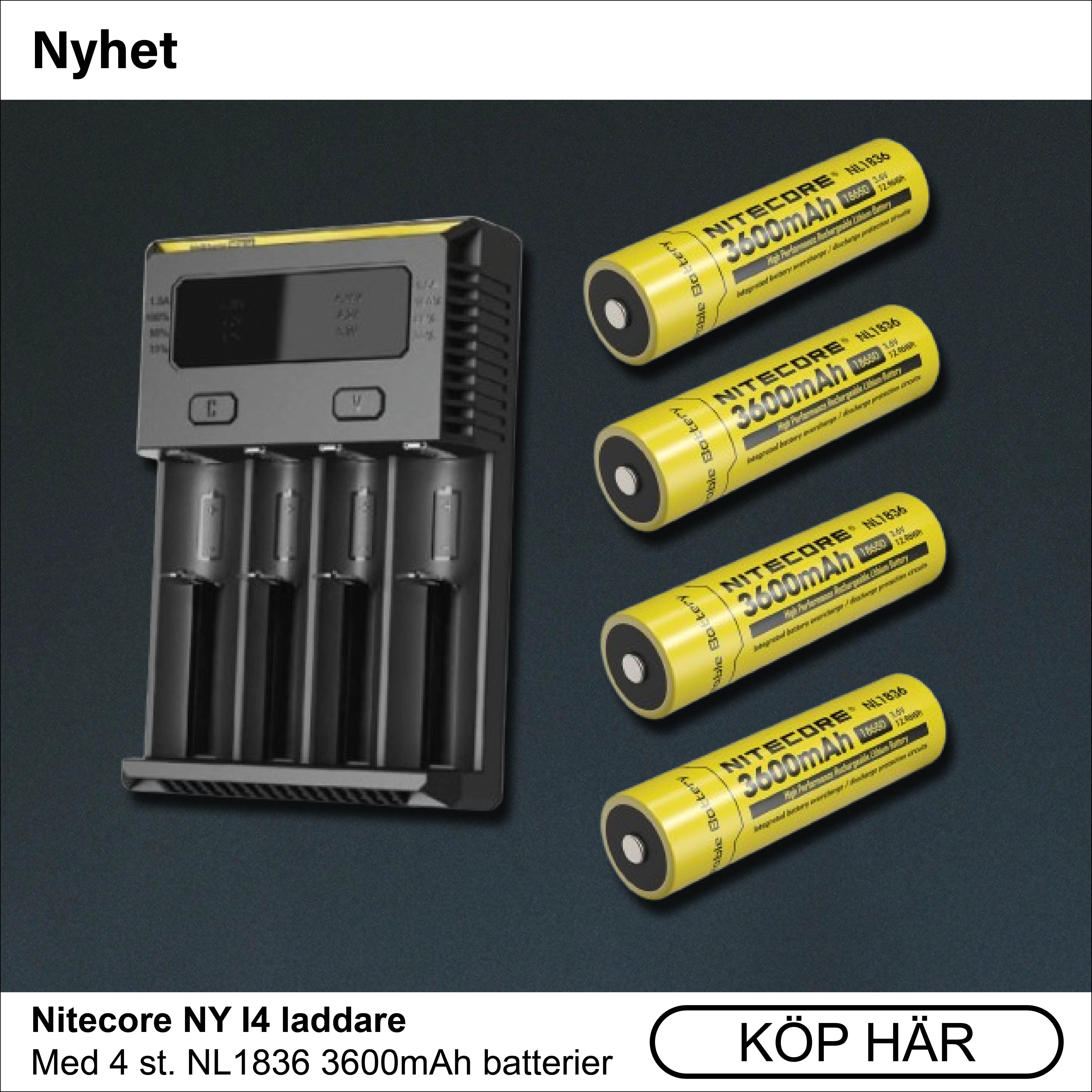 Nitecore NY I4 laddare med 4 st. Nitecore NL1836 3600mAh batterier
